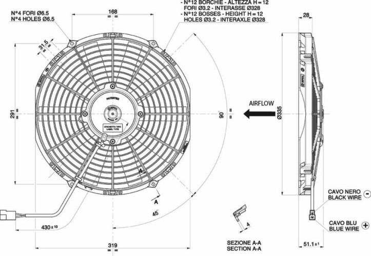 WENTYLATOR SPAL 305/335mm PCHAJĄCY, 12V, VA10-AP9/C-25S