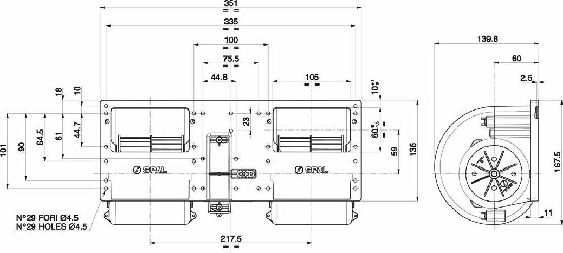 DMUCHAWA SPAL 006-B46-22, PODWÓJNA, 24V, 3 BIEGI, 351x167x140mm
