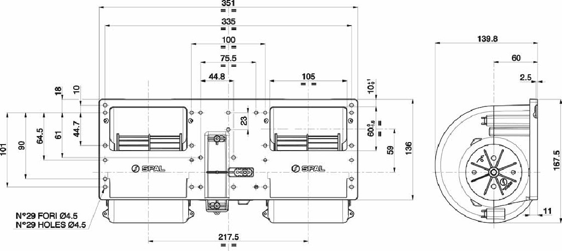 DMUCHAWA SPAL 006-B40-22, PODWÓJNA, 24V, 3 BIEGI, 351x140x167mm