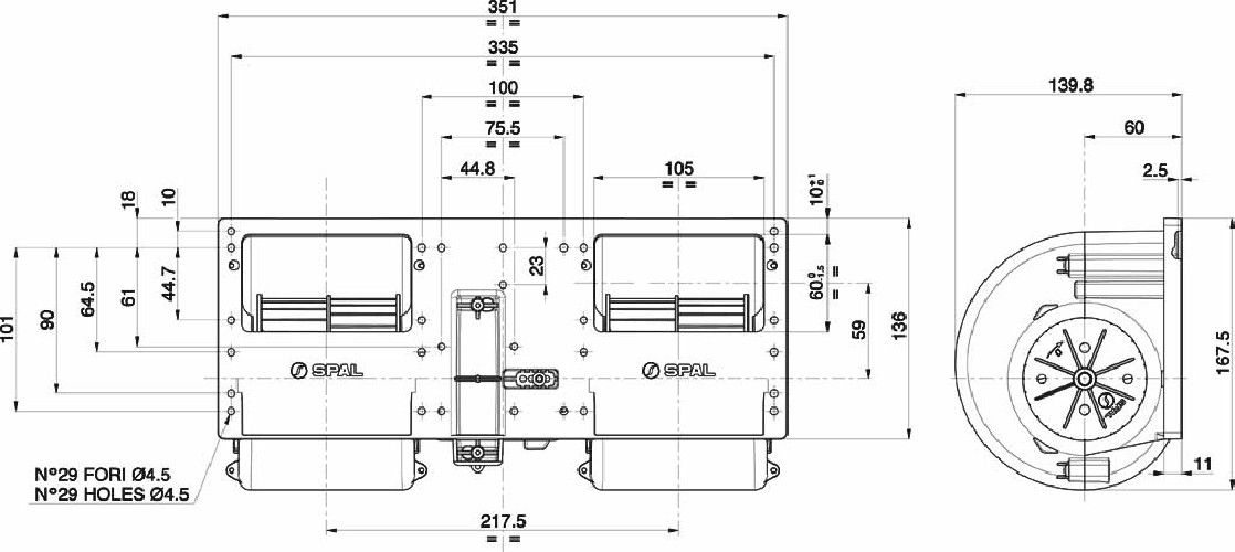 DMUCHAWA SPAL 006-B39-22, PODWÓJNA, 24V, 3 BIEGI, 351x140x167mm