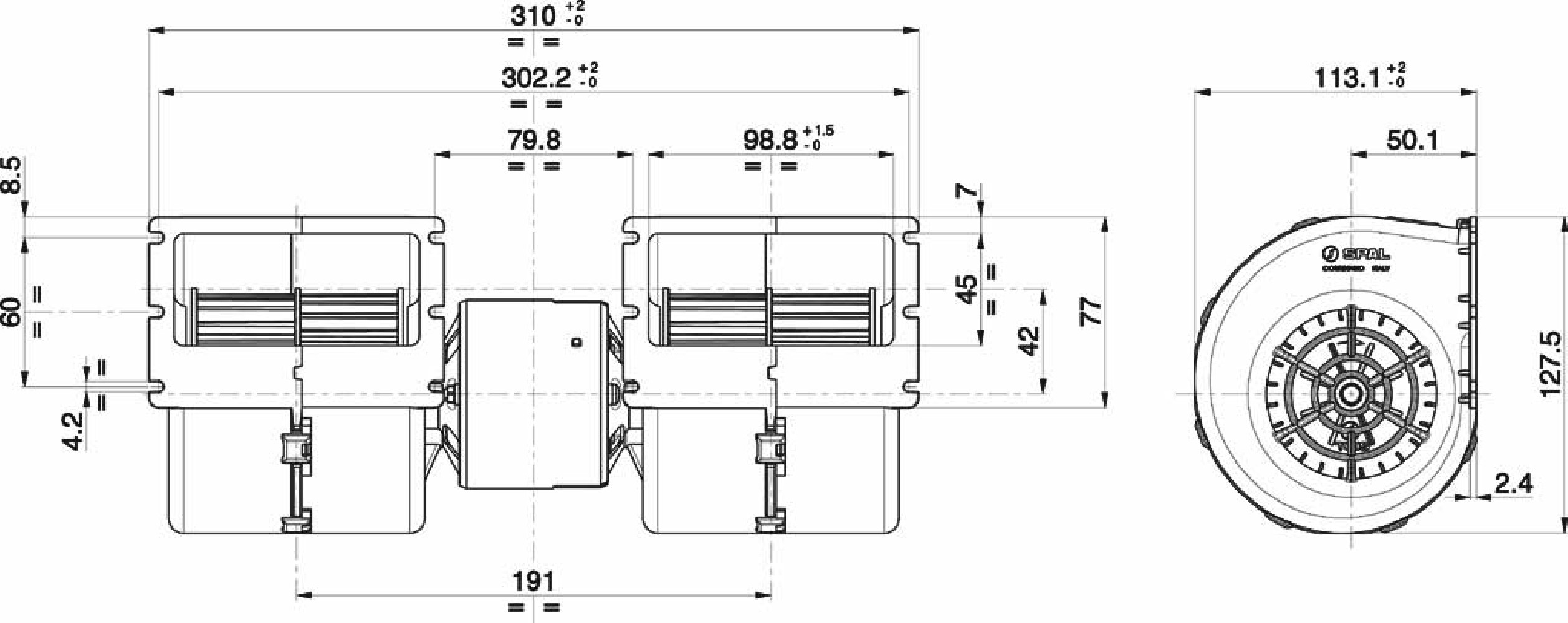DMUCHAWA SPAL 008-B45-02 PODWÓJNA, 24V, 3 BIEGI, 310x113x128mm DMUCHAWA SPAL 008-B45-02 PODWÓJNA, 24V, 3 BIEGI, 310x113x128mm