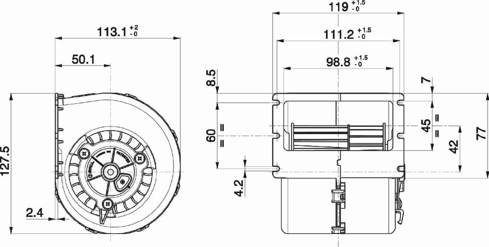 DMUCHAWA SPAL 008-B100-93D, POJEDYNCZA, 24V, 3 BIEGI, 119x113x128mm