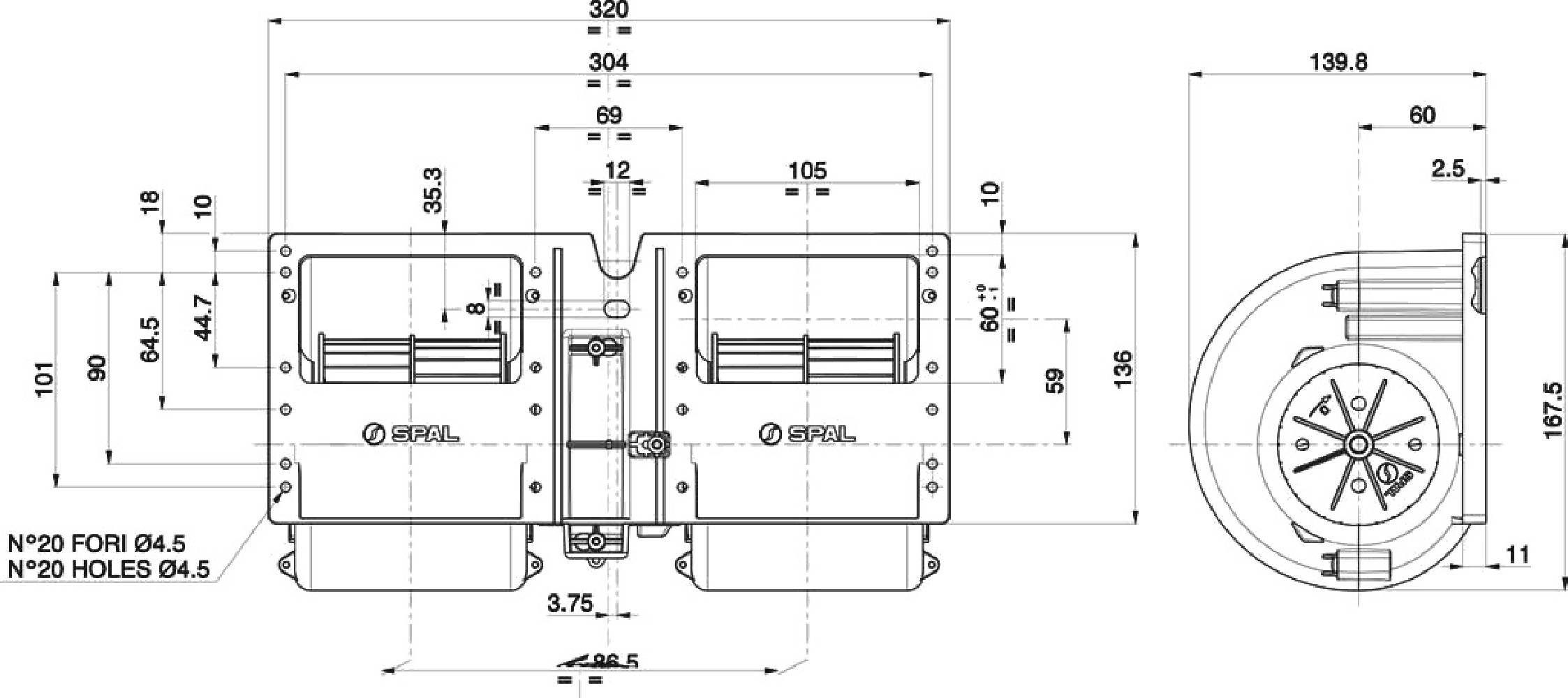 DMUCHAWA SPAL 011-A40-22, PODWÓJNA, 12V, 3 BIEGI, 320x140x167mm DMUCHAWA SPAL 011-A40-22, PODWÓJNA, 12V, 3 BIEGI, 320x140x167mm