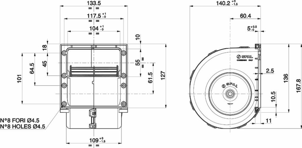DMUCHAWA SPAL 010-A70-74D, POJEDYNCZA, 12V, 3 BIEGI, 134x140x168mm