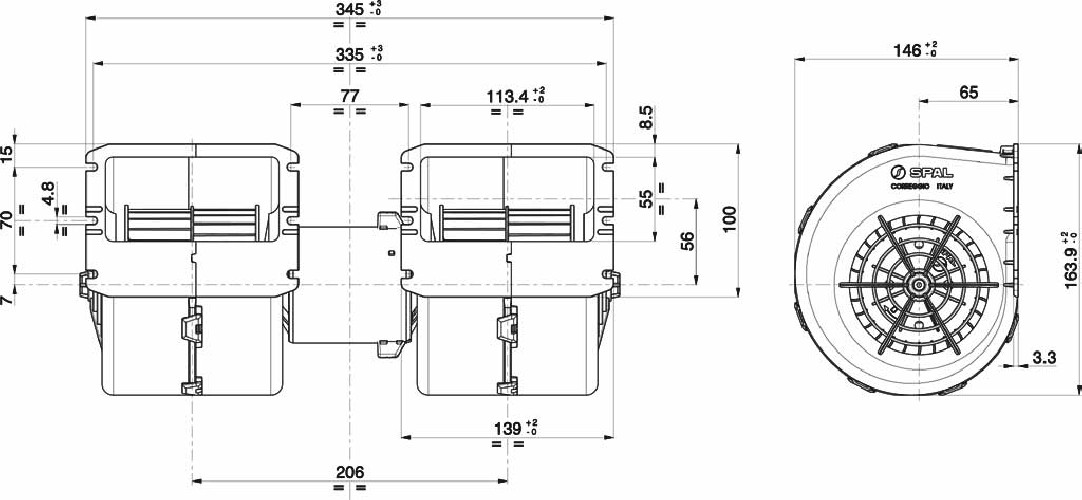 DMUCHAWA SPAL 009-B50-22 PODWÓJNA, 24V, 345x146x164mm