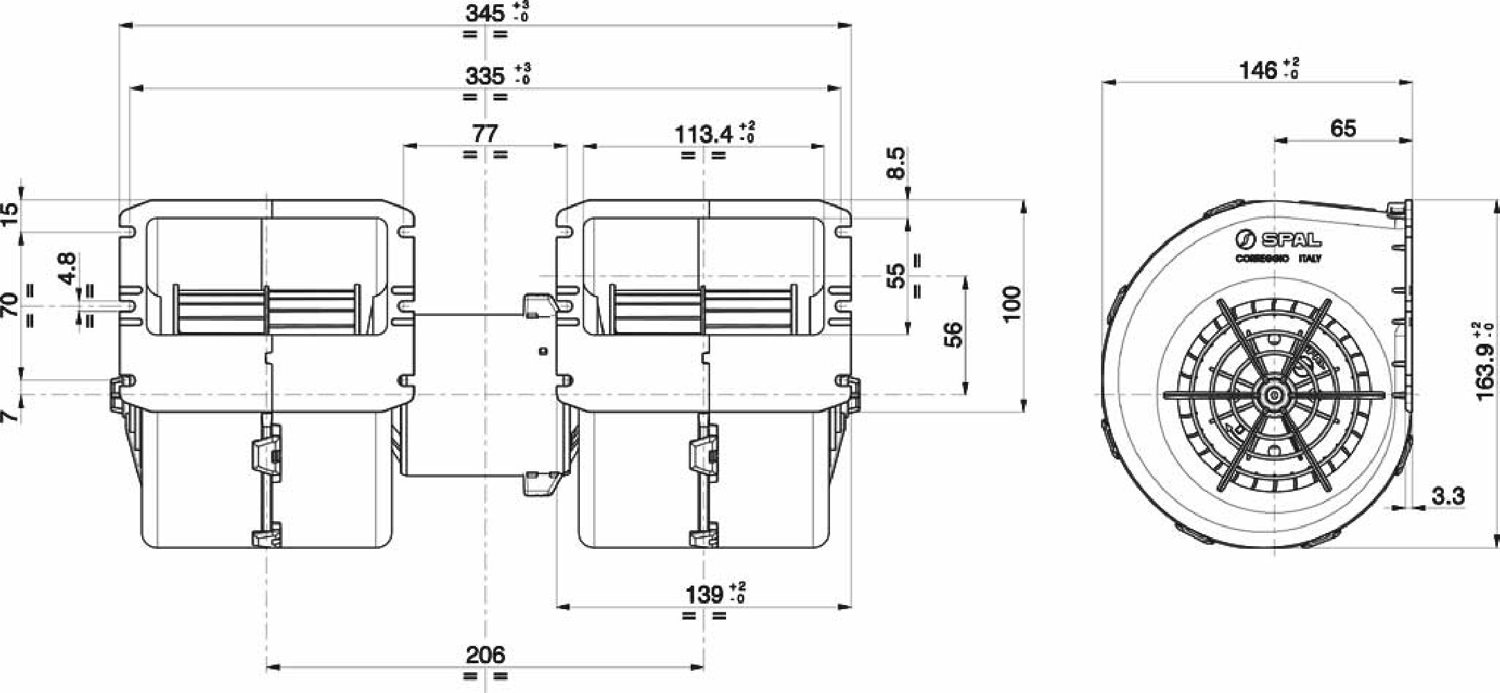 DMUCHAWA SPAL 009-B50-22 PODWÓJNA, 24V, 345x146x164mm DMUCHAWA SPAL 009-B50-22 PODWÓJNA, 24V, 345x146x164mm